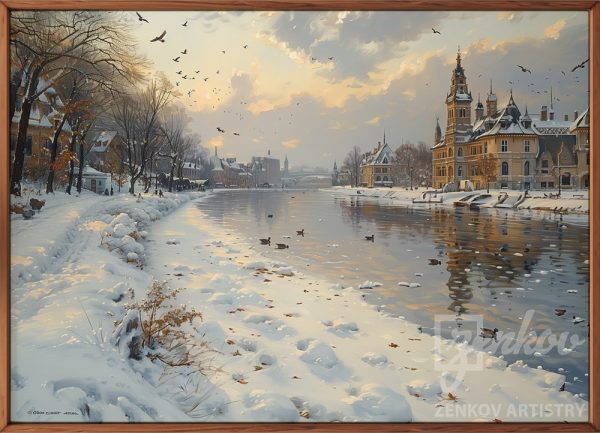 Snowy Riverbank and Historic City