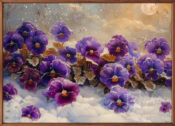 Winter's Touch on Purple Pansies