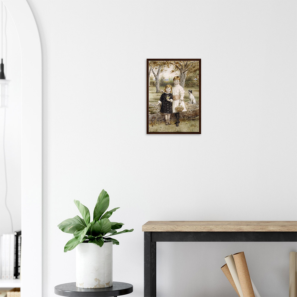 George Kilburne - Children Picking Flowers - -framed-poster-dark-wood-2