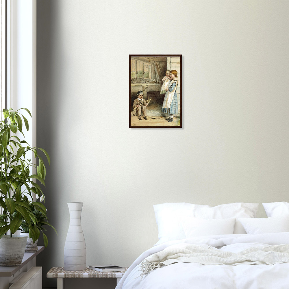 George Kilburne - Three Young Children Outside a Workshop - -framed-poster-dark-wood-0