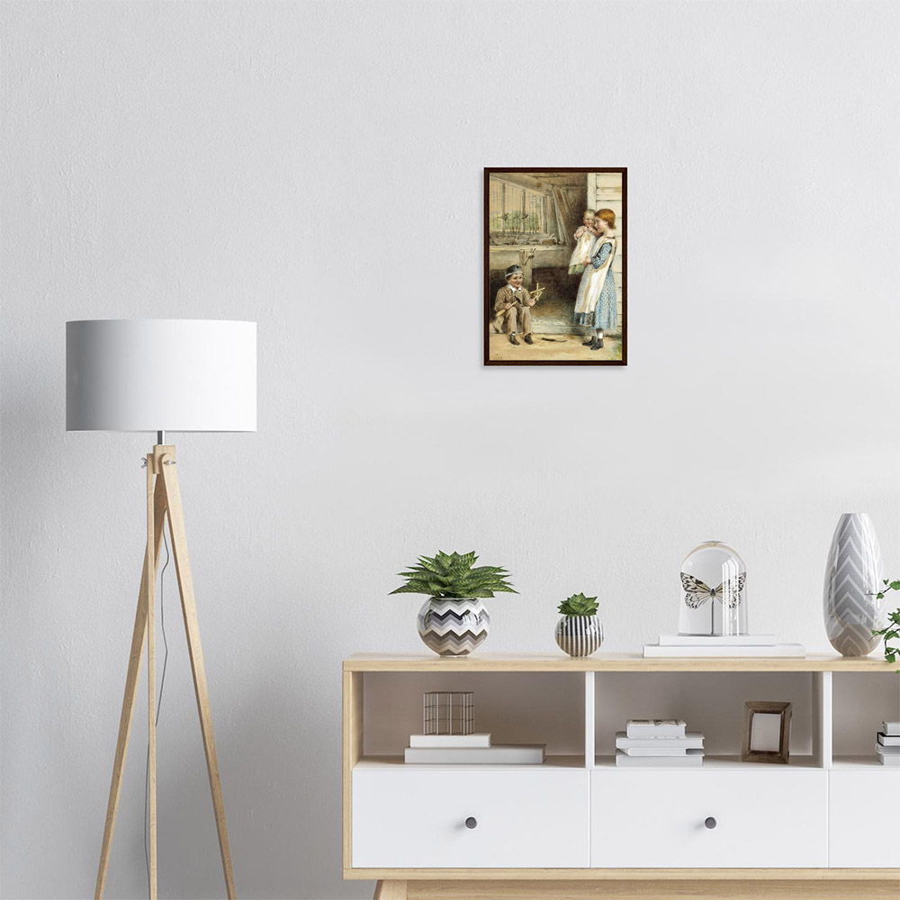 George Kilburne - Three Young Children Outside a Workshop - -framed-poster-dark-wood-1